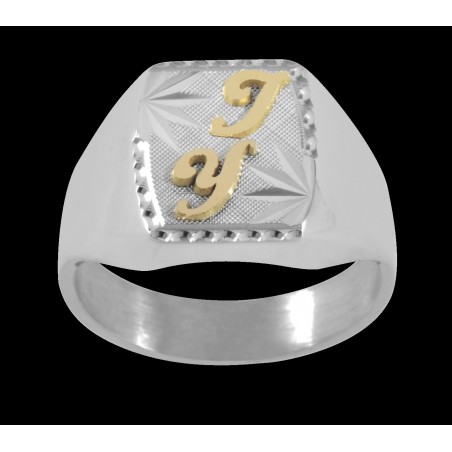 Chevalière Herméus argent et initiales or 18 carats jaune 