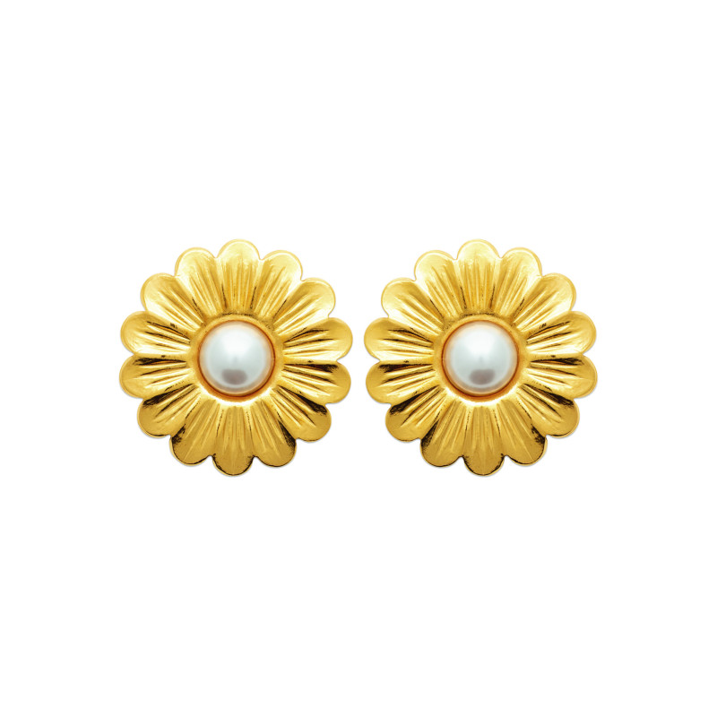  Boucles d'oreilles puces fleur marguerite acier doré- Bijouterie La Petite Française