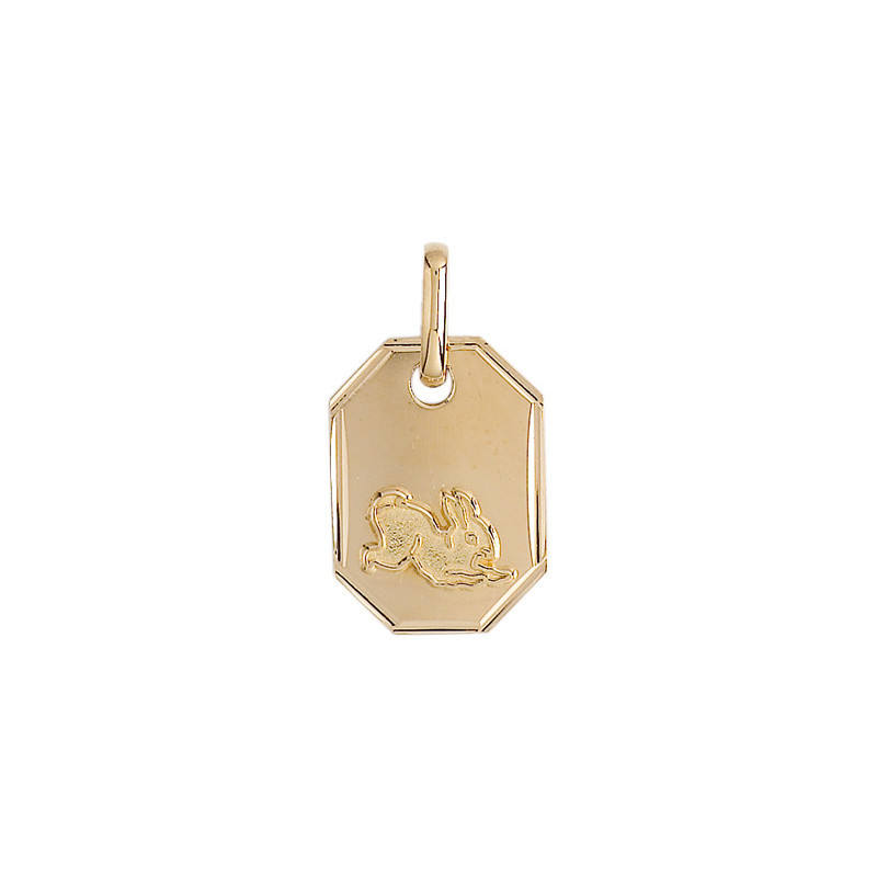 Médaille lapin rectangle – Or 9 carats jaune ou gris – Artisanat français depuis 1954