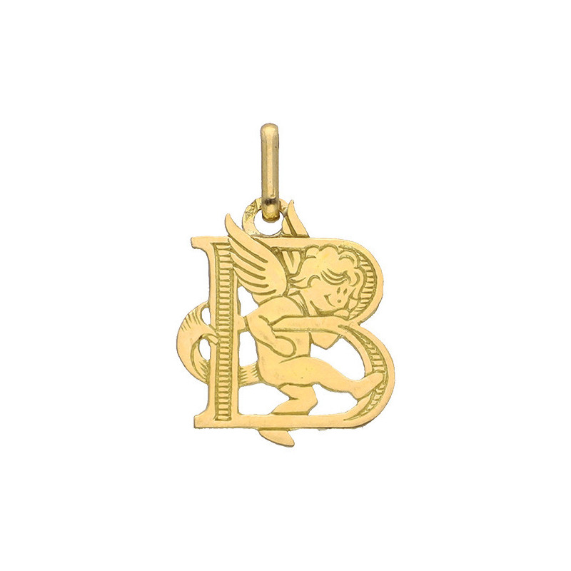 Pendentif ange lettre B  – Or 9 carats jaune ou gris – Artisanat français depuis 1954 