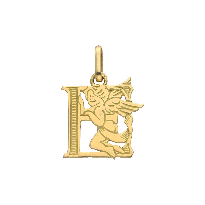 Pendentif ange lettre E  – Or 9 carats jaune ou gris – Artisanat français depuis 1954 
