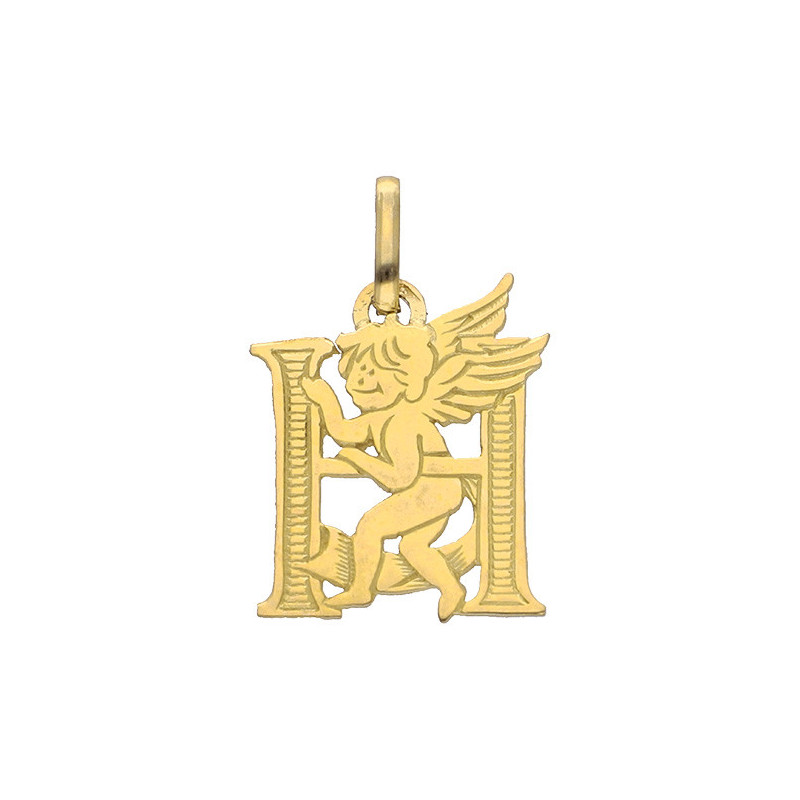 Pendentif ange lettre H  – Or 9 carats jaune ou gris – Artisanat français depuis 1954 