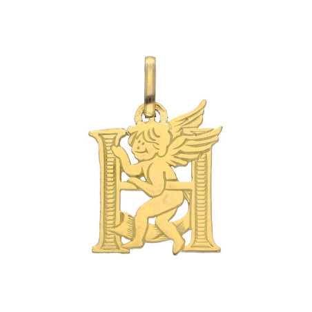 Pendentif ange lettre H  – Or 9 carats jaune ou gris – Artisanat français depuis 1954 