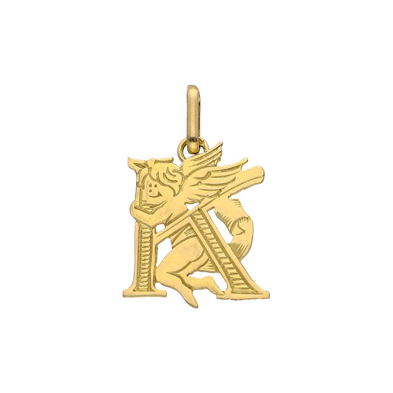 Pendentif ange lettre K  – Or 9 carats jaune ou gris – Artisanat français depuis 1954 