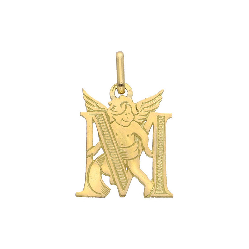 Pendentif ange lettre M  – Or 9 carats jaune ou gris – Artisanat français depuis 1954 