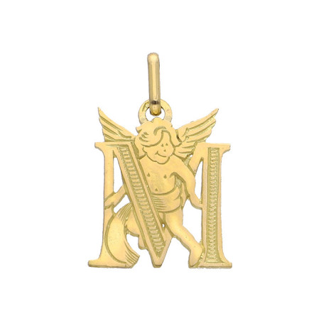 Pendentif ange lettre M  – Or 9 carats jaune ou gris – Artisanat français depuis 1954 