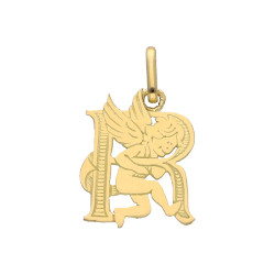 Pendentif ange lettre R  – Or 9 carats jaune ou gris – Artisanat français depuis 1954 