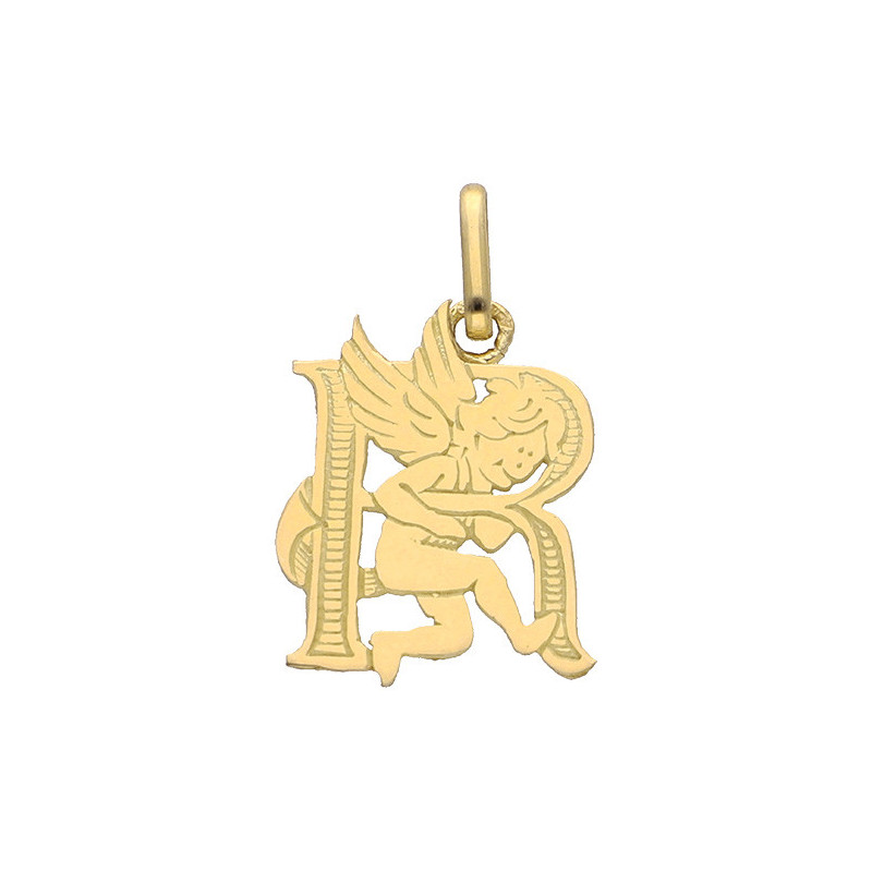Pendentif ange lettre R  – Or 9 carats jaune ou gris – Artisanat français depuis 1954 