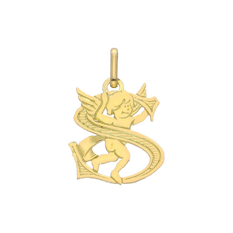 Pendentif ange lettre S  – Or 9 carats jaune ou gris – Artisanat français depuis 1954  