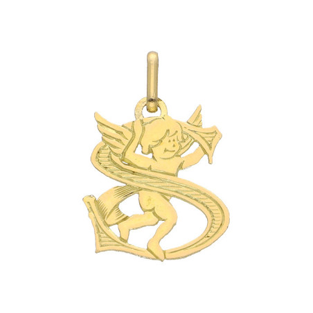 Pendentif ange lettre S  – Or 9 carats jaune ou gris – Artisanat français depuis 1954  