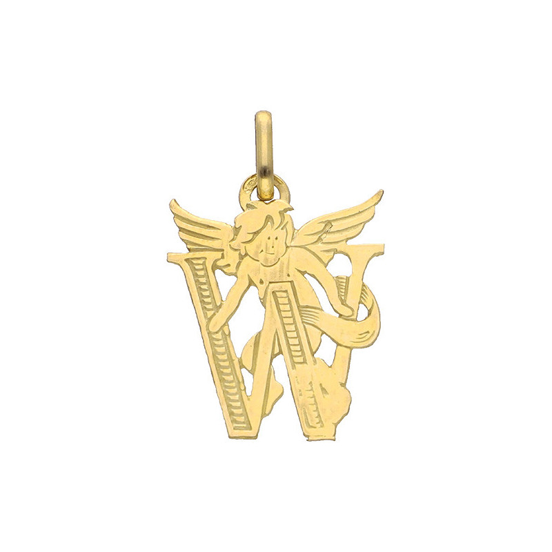 Pendentif ange lettre W  – Or 9 carats jaune ou gris – Artisanat français depuis 1954 