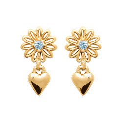 Boucles d'oreilles pendantes coeur et fleur bleue - plaqué or - Haute fantaisie - Design Français depuis 1954 