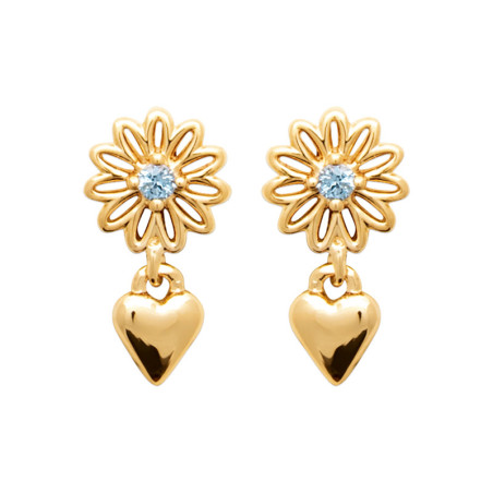 Boucles d'oreilles pendantes coeur et fleur bleue - plaqué or - Haute fantaisie - Design Français depuis 1954 
