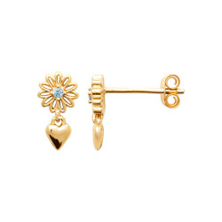 Boucles d'oreilles pendantes coeur et fleur bleue - plaqué or - Haute fantaisie - Design Français depuis 1954 