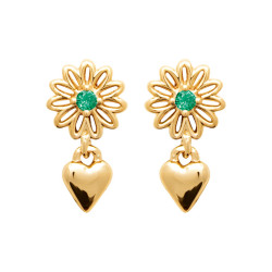 Boucles d'oreilles pendantes coeur et fleur verte - plaqué or - Haute fantaisie - Design Français depuis 1954 