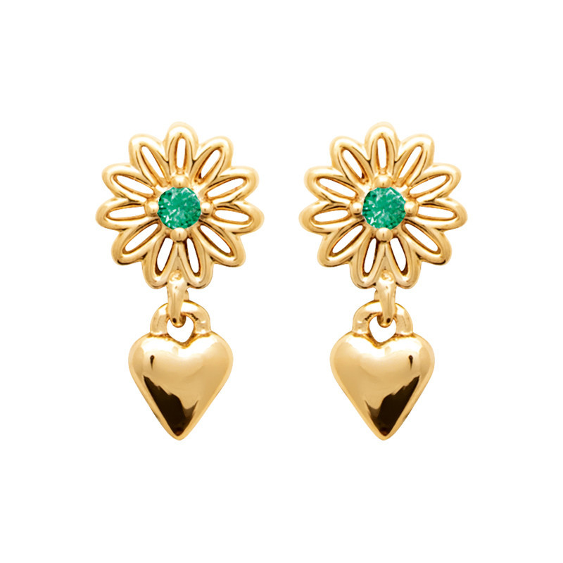 Boucles d'oreilles pendantes coeur et fleur verte - plaqué or - Haute fantaisie - Design Français depuis 1954 