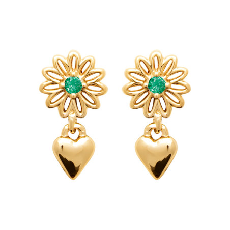 Boucles d'oreilles pendantes coeur et fleur verte - plaqué or - Haute fantaisie - Design Français depuis 1954 