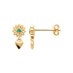 Boucles d'oreilles pendantes coeur et fleur verte - plaqué or - Haute fantaisie - Design Français depuis 1954 