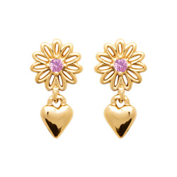 Boucles d'oreilles pendantes coeur et fleur rose - plaqué or - Haute fantaisie - Design Français depuis 1954 