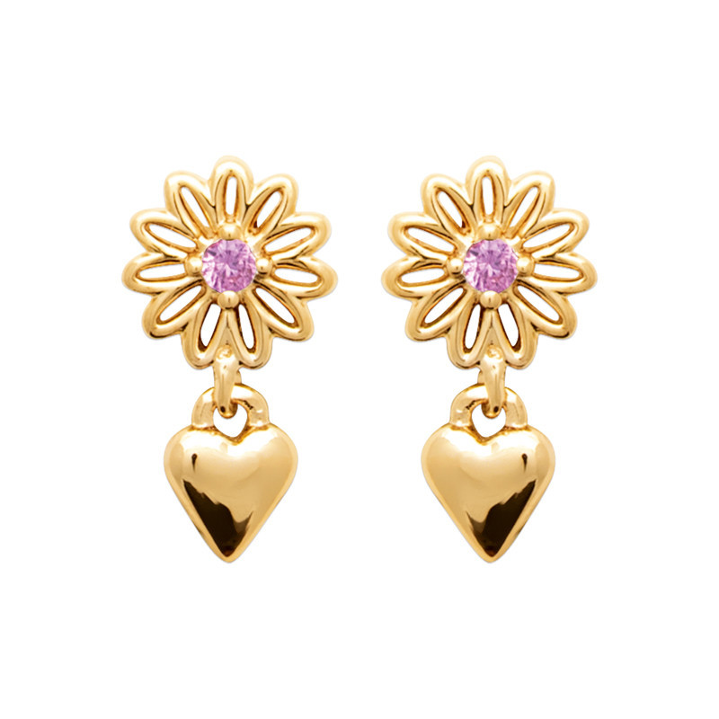 Boucles d'oreilles pendantes coeur et fleur rose - plaqué or - Haute fantaisie - Design Français depuis 1954 