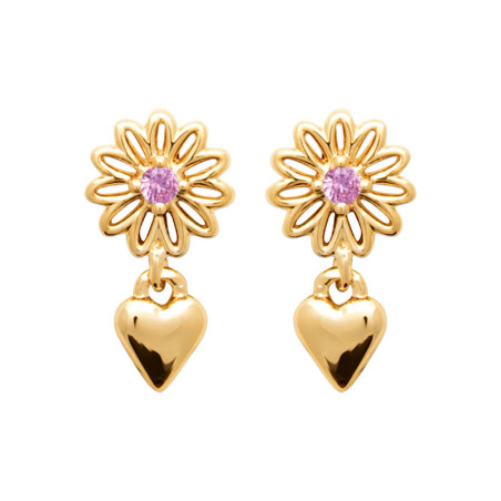 Boucles d'oreilles pendantes coeur et fleur rose - plaqué or - Haute fantaisie - Design Français depuis 1954 