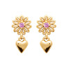 Boucles d'oreilles pendantes coeur et fleur rose - plaqué or - Haute fantaisie - Design Français depuis 1954 
