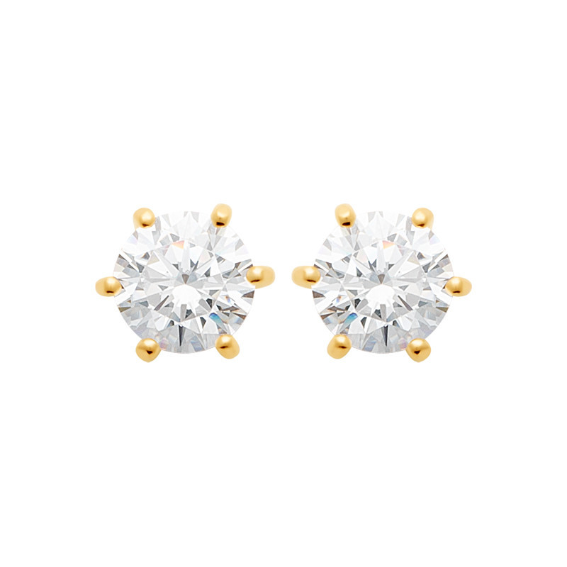 Boucles d'oreilles zirconium rond 6 mm - 6 griffes - plaqué or - Haute fantaisie - Design Français depuis 1954 