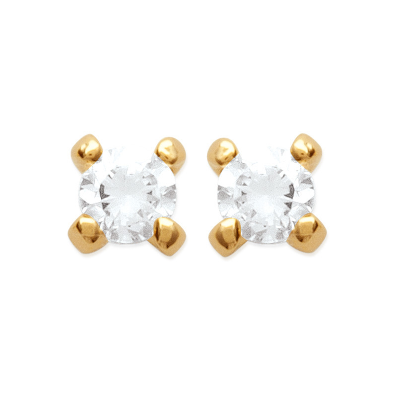 Boucles d'oreilles zirconium rond 2 mm - 4 griffes - plaqué or - Haute fantaisie - Design Français depuis 1954 