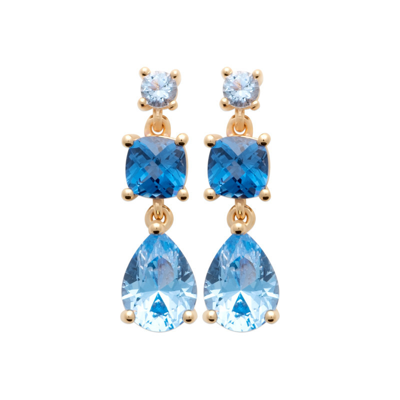 Boucles d'oreilles pendantes Stéphanie plaqué or et zirconiums bleus   - Bijouterie La Petite Française