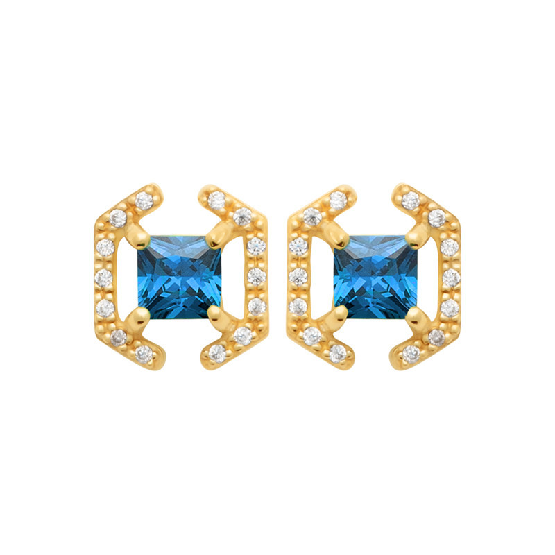 Boucles d'oreilles Justine carré plaqué or et zirconium bleu  - Bijouterie La Petite Française