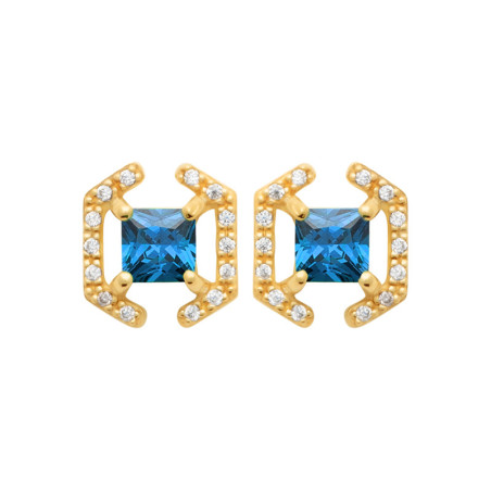 Boucles d'oreilles Justine carré plaqué or et zirconium bleu  - Bijouterie La Petite Française